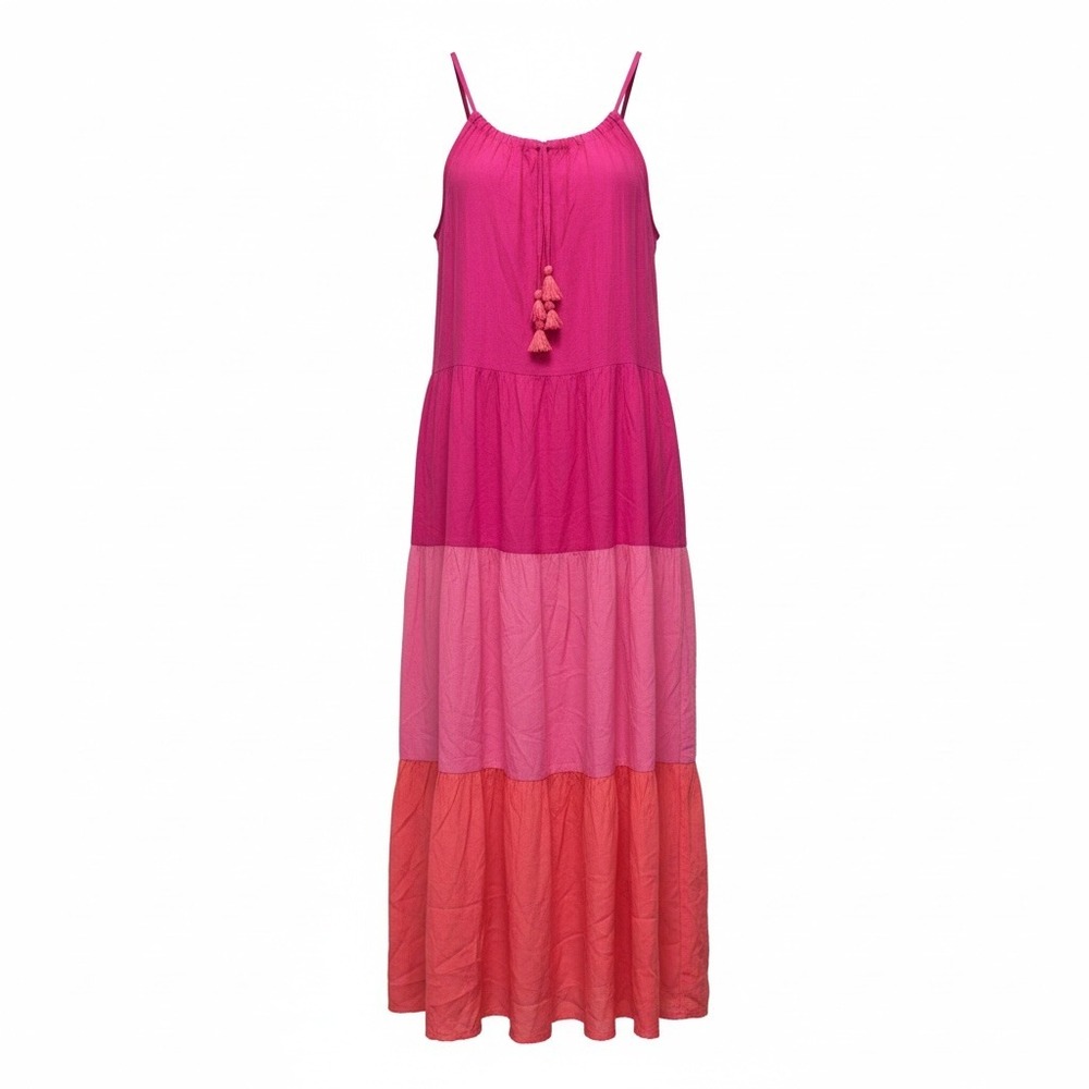 Tommy Bahama Colorblock Midi Tiered Dress Womens XS Pink Maui Tassel Viscose